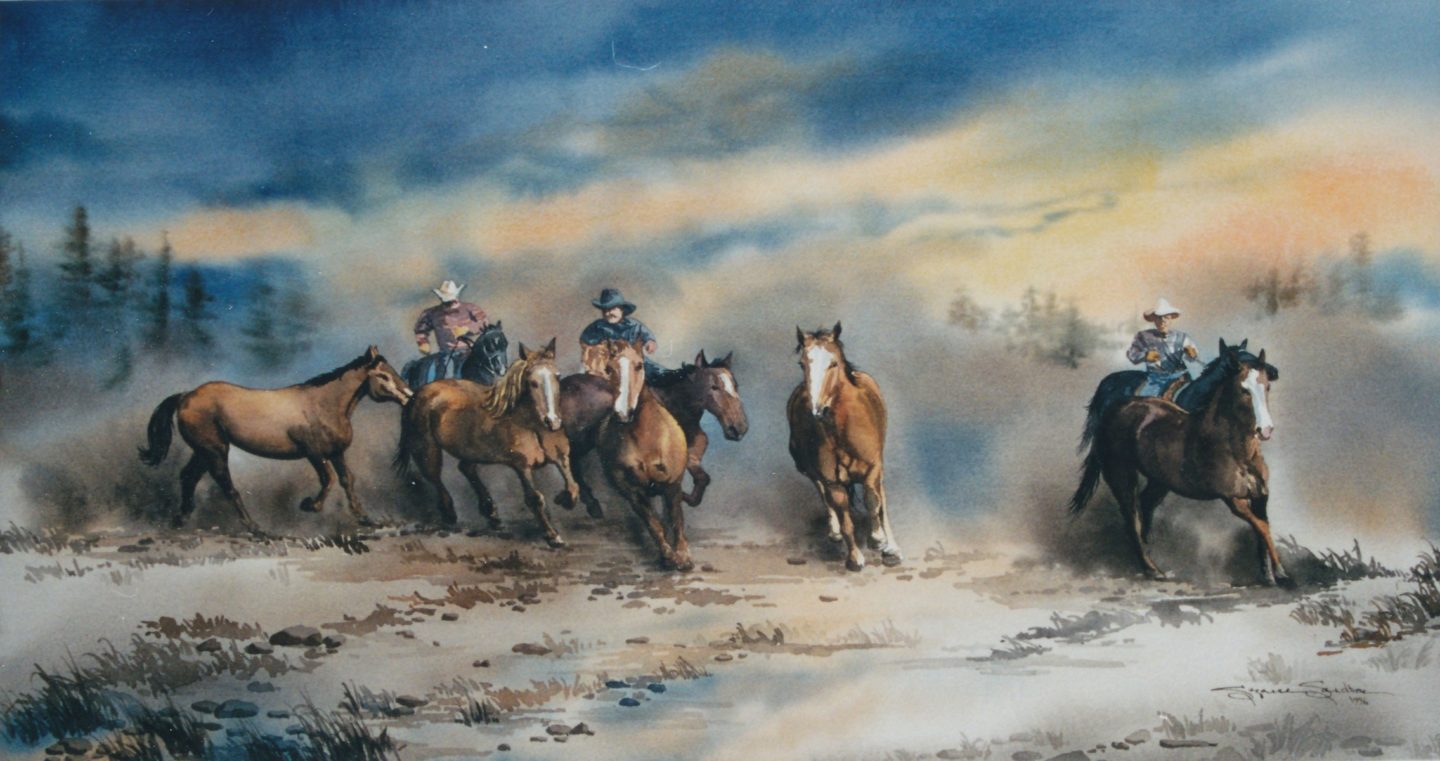 Wildhorse Roundup, 14x28, Watercolor, 1996 - 