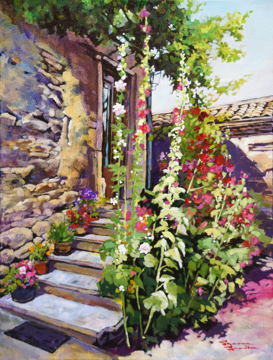 Flower Pots and Hollyhocks, Grignan France, 24x18, Acrylic, 2018 - 