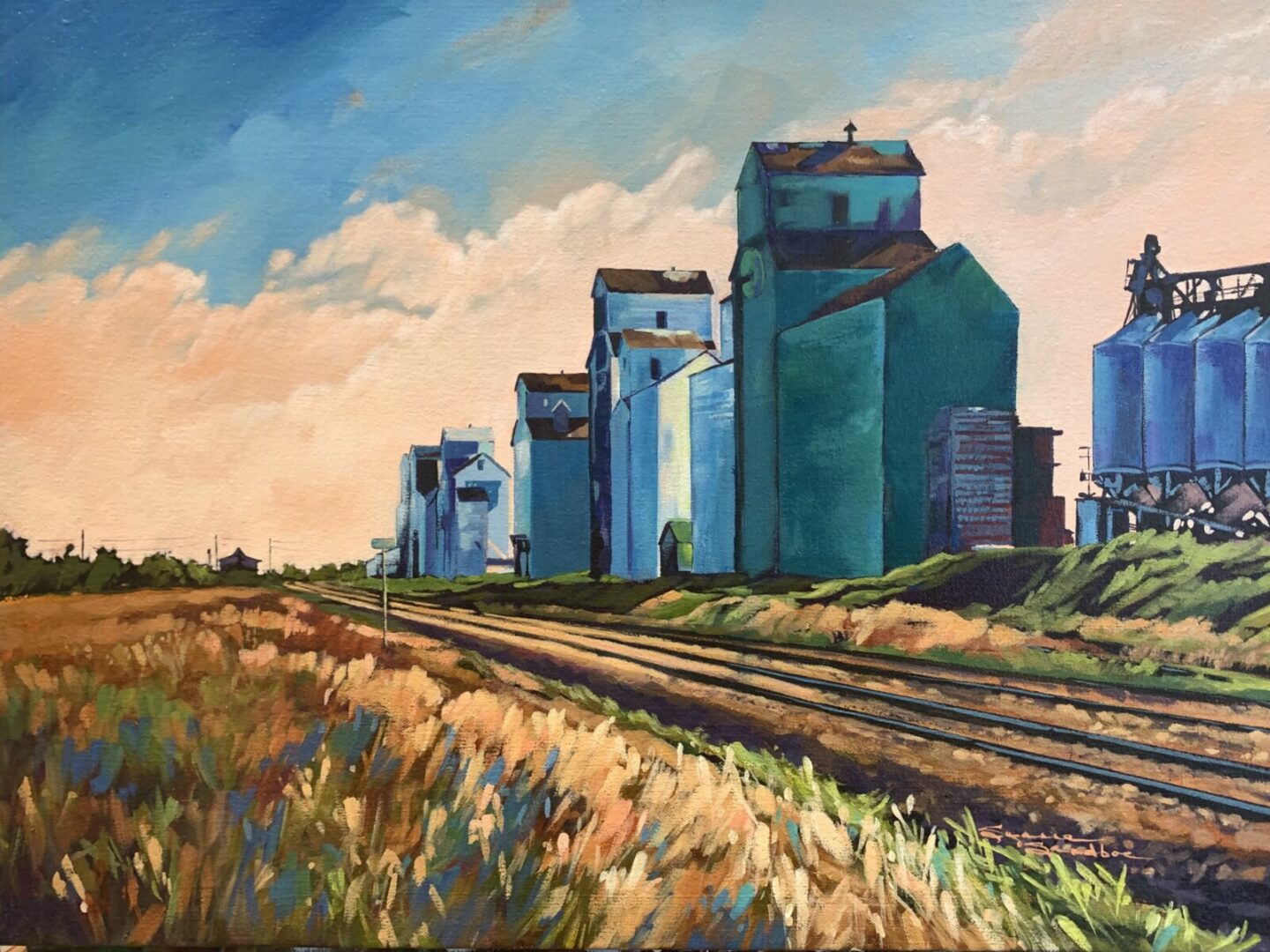 Down The Rail, 18x24, Acrylic, 2021, Suzanne Sandboe, Donated to Sexsmith Museum Elevator Fundraiser