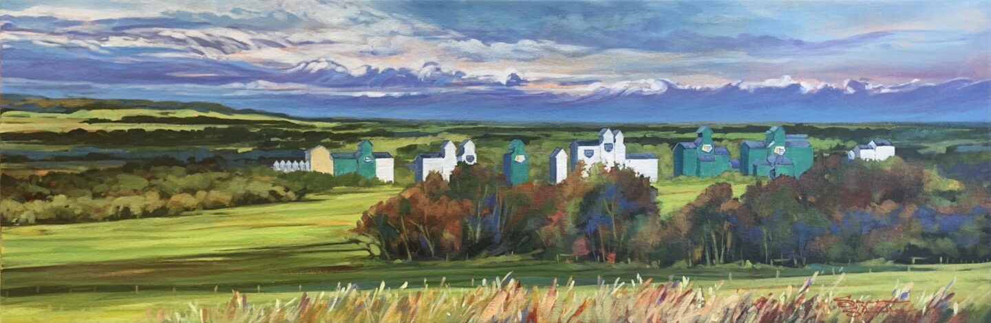 Elevator Row from 1993, View from Old Road, 12x36, Acrylic, 2021, Suzanne Sandboe, Donated to Sexsmith Museum Elevator Fundraiser