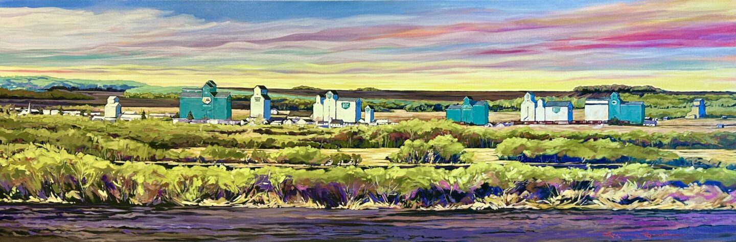 Elevator Row, Town of Sexsmith c.1977, 24x72, Acrylic, 2023, Suzanne Sandboe - 