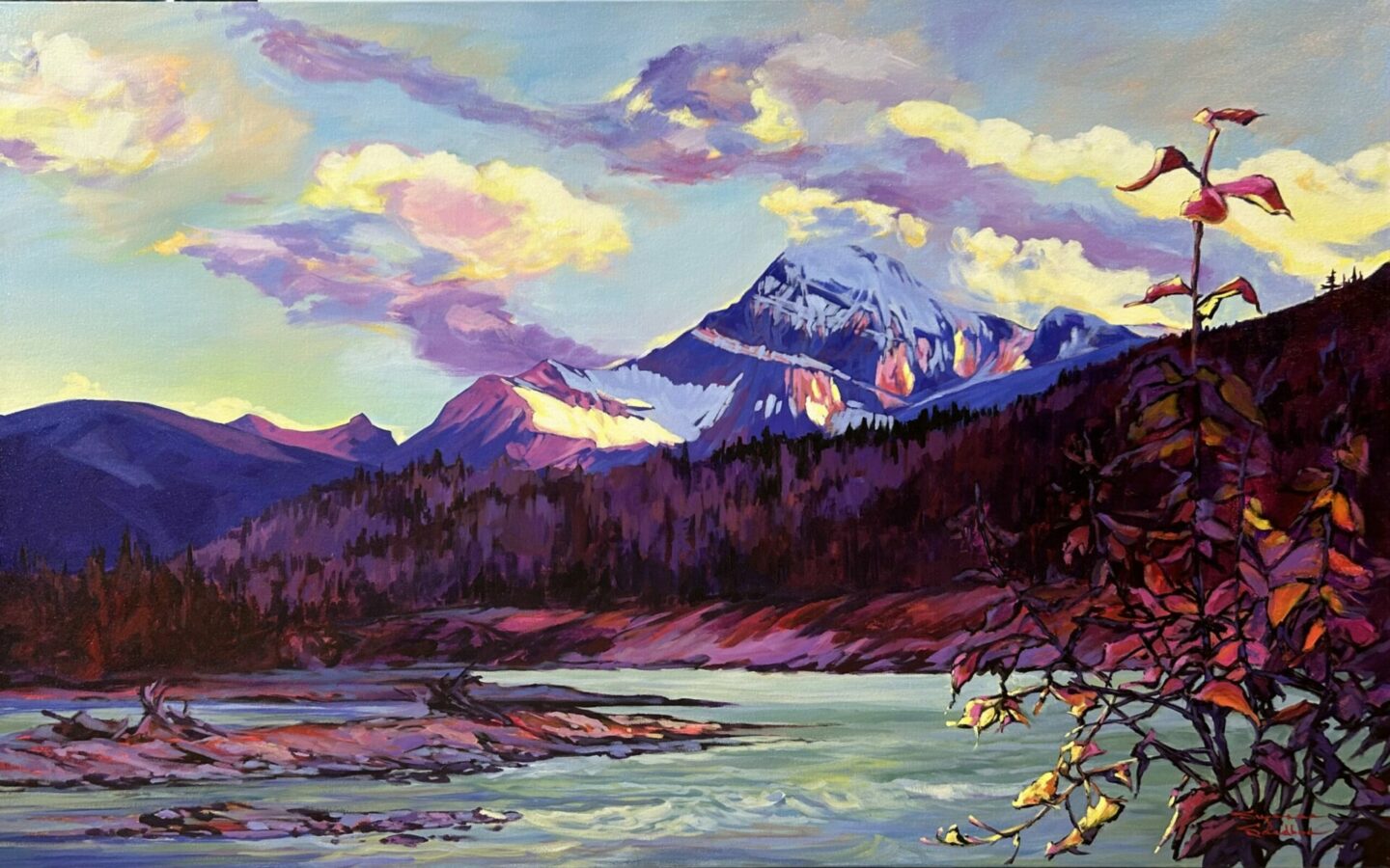 Evening Over Cavell, 30x48, Acrylic, 2024, Suzanne Sandboe, Artist In Residence Painting, Fairmont Jasper Park Lodge - 