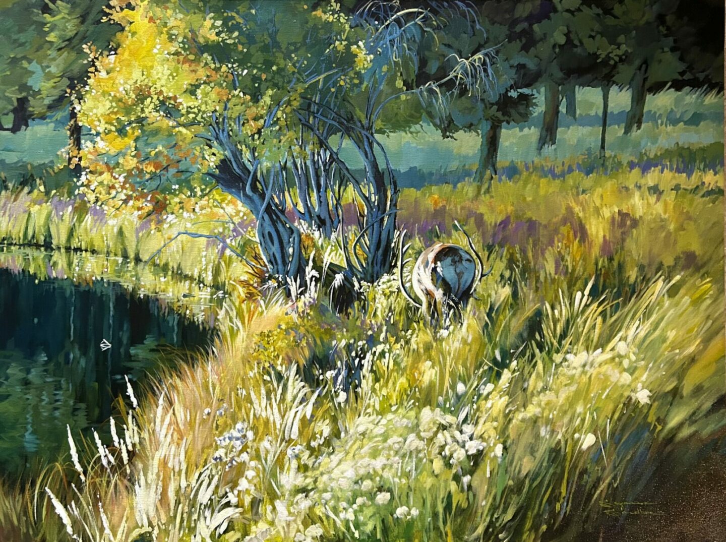 Under The Willows, 36x48, Acrylic, 2024, Suzanne Sandboe - 
