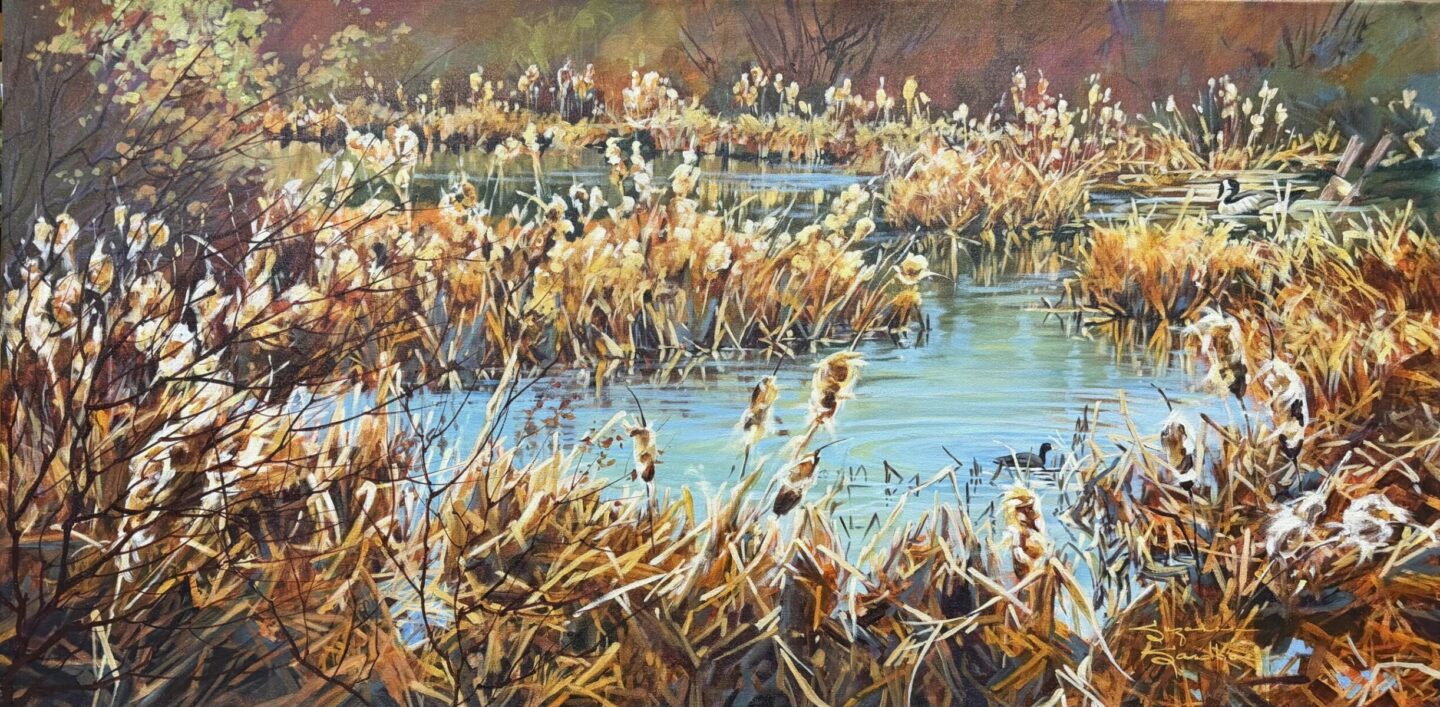 AMONG THE REEDS, 24X48, ACRYLIC, 2026, SUZANNE SANDBOE - 