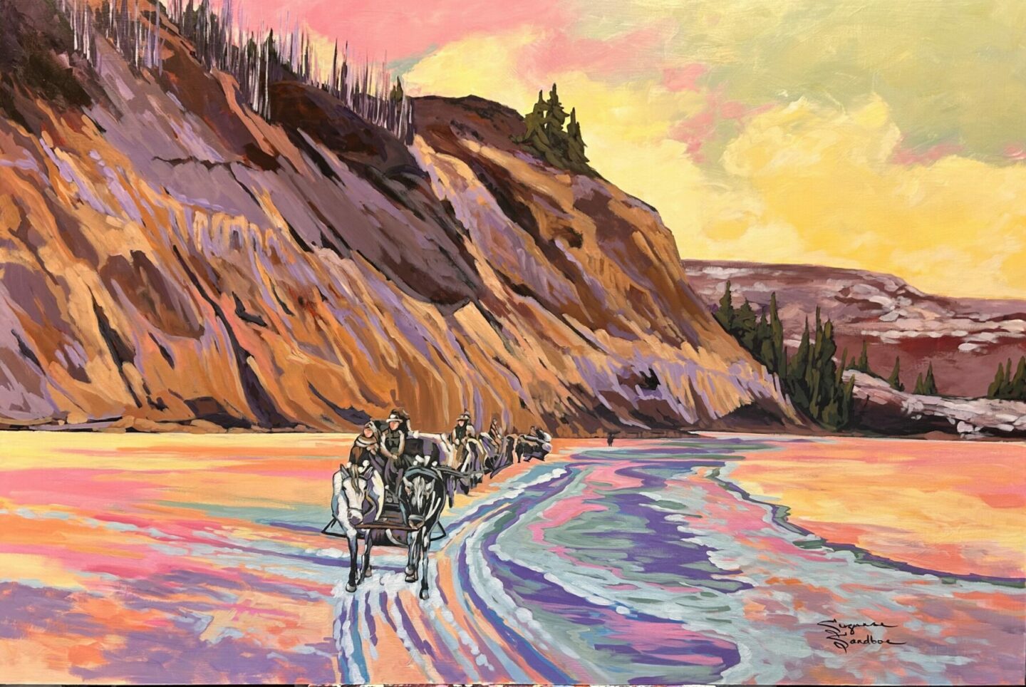 CROSSING THE SIMONETTE RIVER C1909, WG MCFARLANE SURVEY CREW, 40X60, ACRYLIC, SUZANNE SANDBOE, BEAVERLODGE OUTDOOR MURAL FOUNDATION PROJECT - 