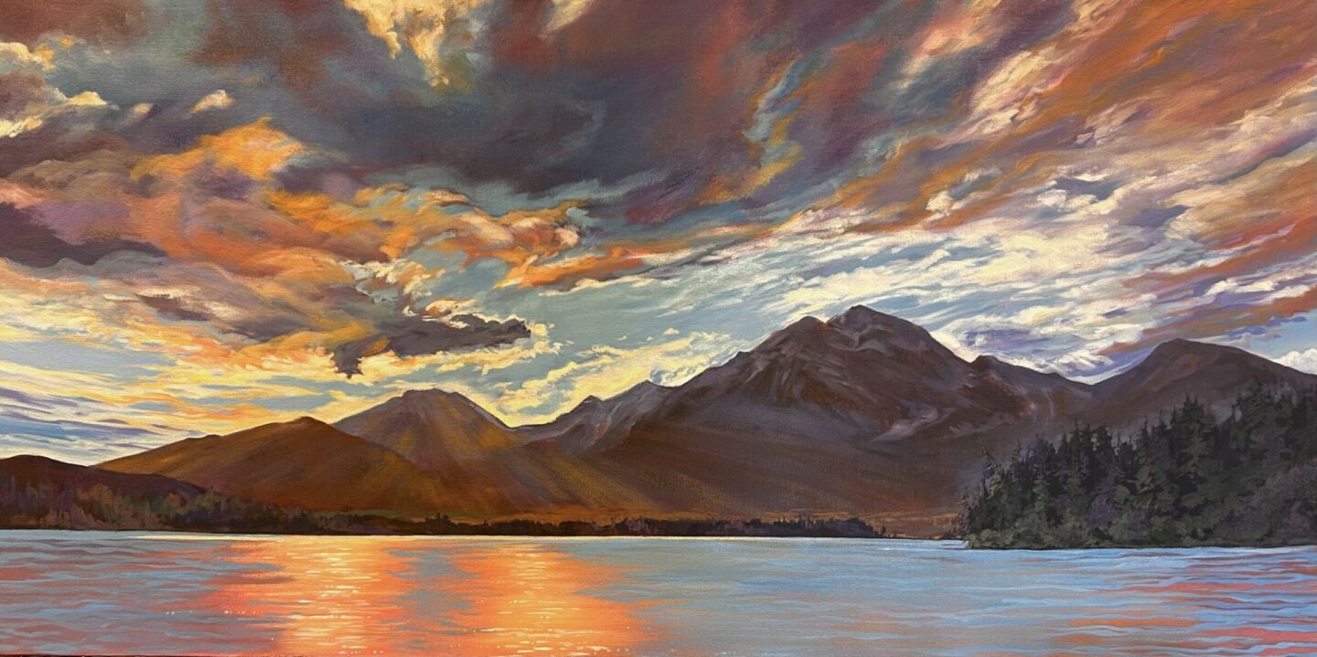 DRAGON FIRE OVER PYRAMID LAKE, 30X60, ACRYLIC, 2025, SUZANNE SANDBOE - 