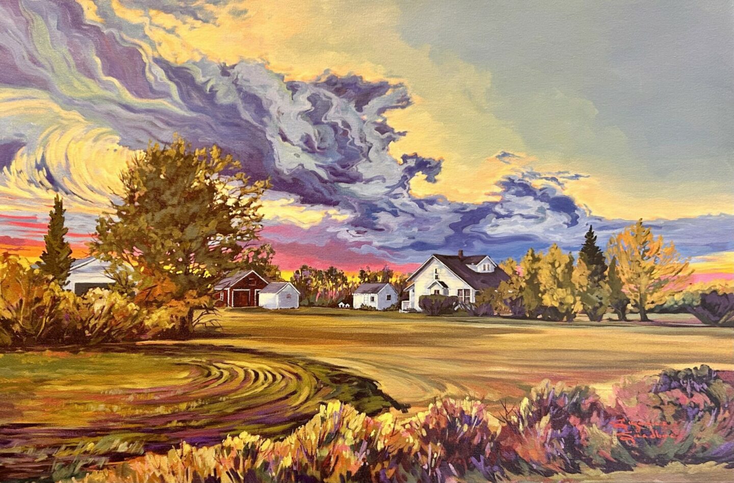 GRAMMA'S FARM, 24X36, ACRYLIC, 2025, SUZANNE SANDBOE - 