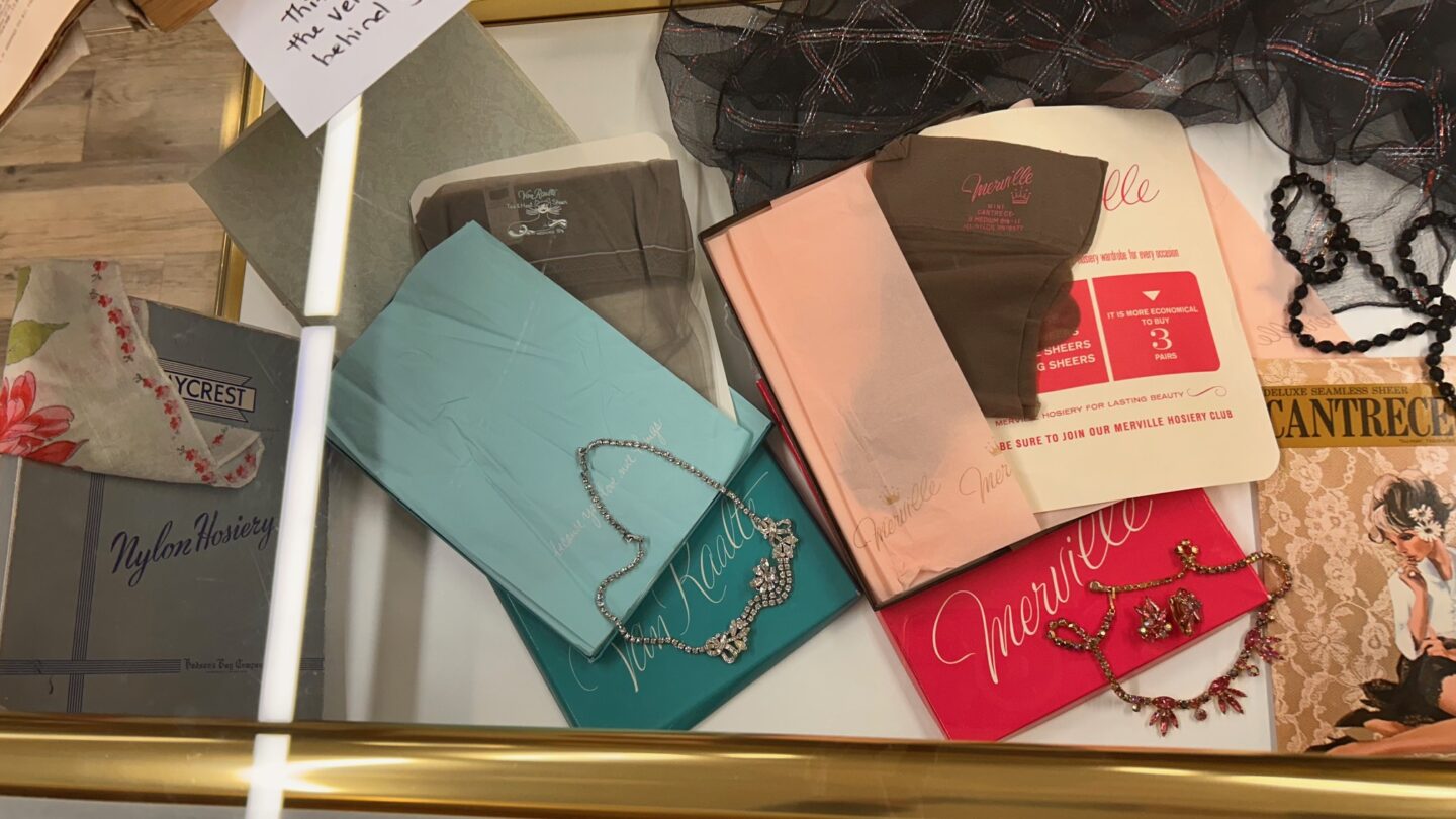 1950's to 1970's Fashions - Seamless Stockings in Original Boxes and Crystal Jewelry Necklaces and Hankies