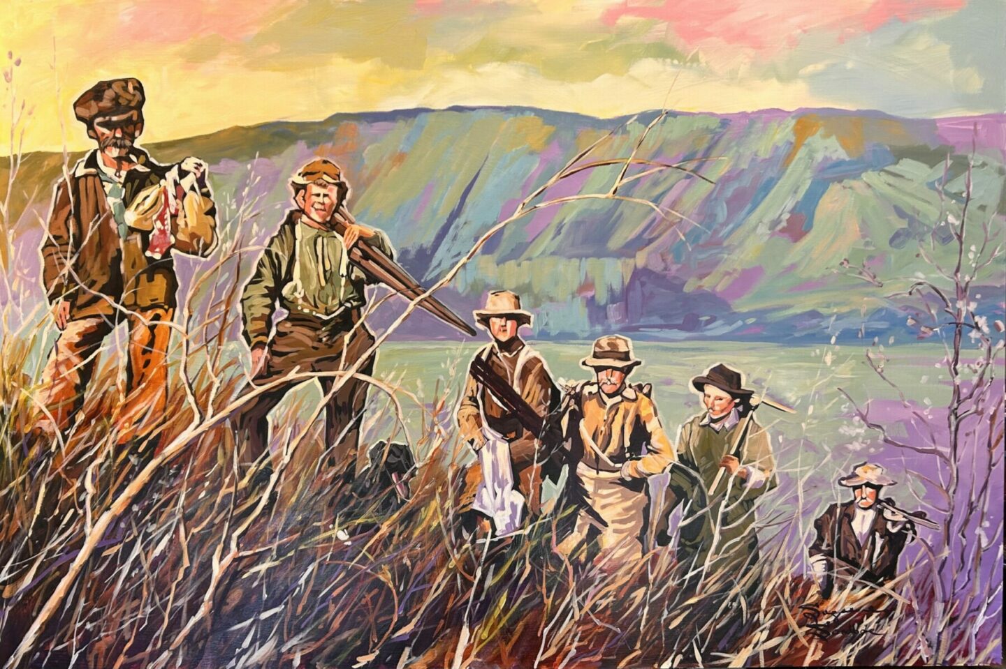 ON THE BANKS OF THE SMOKY RIVER C1909, WG MCFARLANE SURVEY CREW, 40X60, ACRYLIC, 2025, SUZANNE SANDBOE, BEAVERLODGE OUTDOOR MURAL FOUNDATION PROJECT - 