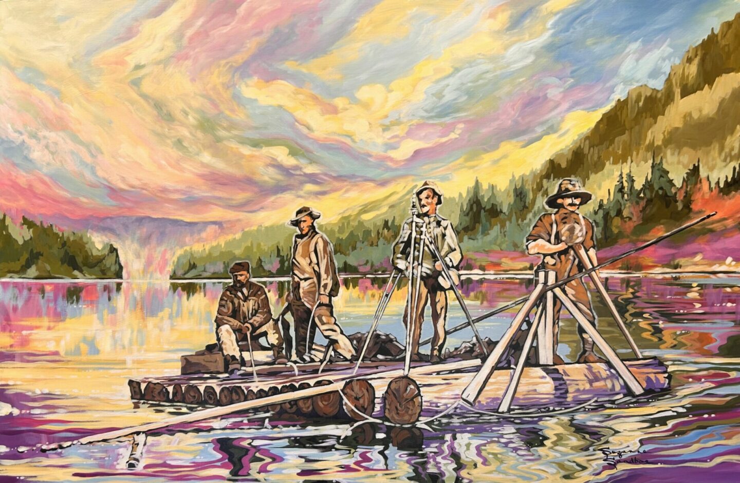 RAFTING ON THE SMOKY RIVER C1909, WG MCFARLANE SURVEY CREW, 40X60, ACRYLIC 2025, SUZANNE SANDBOE, BEAVERLODGE OUTDOOR MURAL FOUNDATION PROJECT - 